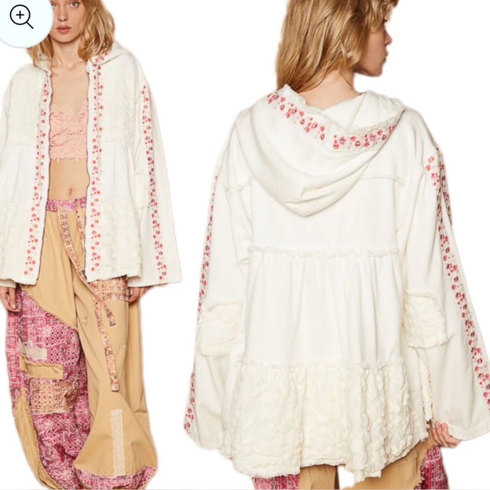 Ivory POL Zip-Up Hooded Jacket with Lace Patchwork and Floral Embroidery